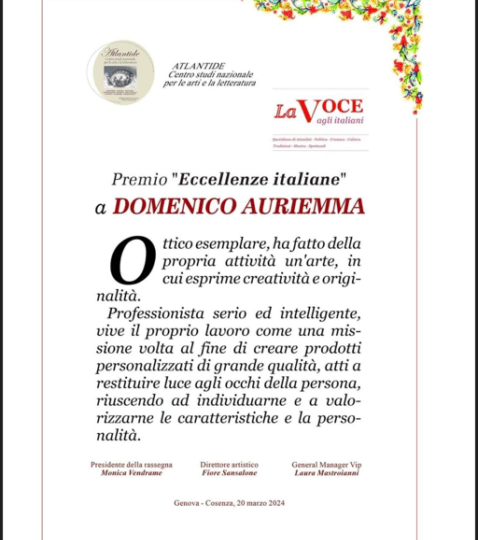 Attestato premio "Eccellenza italiana" a Domenico Auriemma