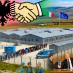 Costruzione di centri per migranti in Albania con recinzioni e bandiere.