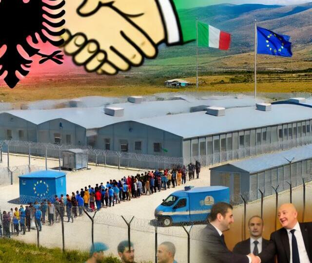 Costruzione di centri per migranti in Albania con recinzioni e bandiere.